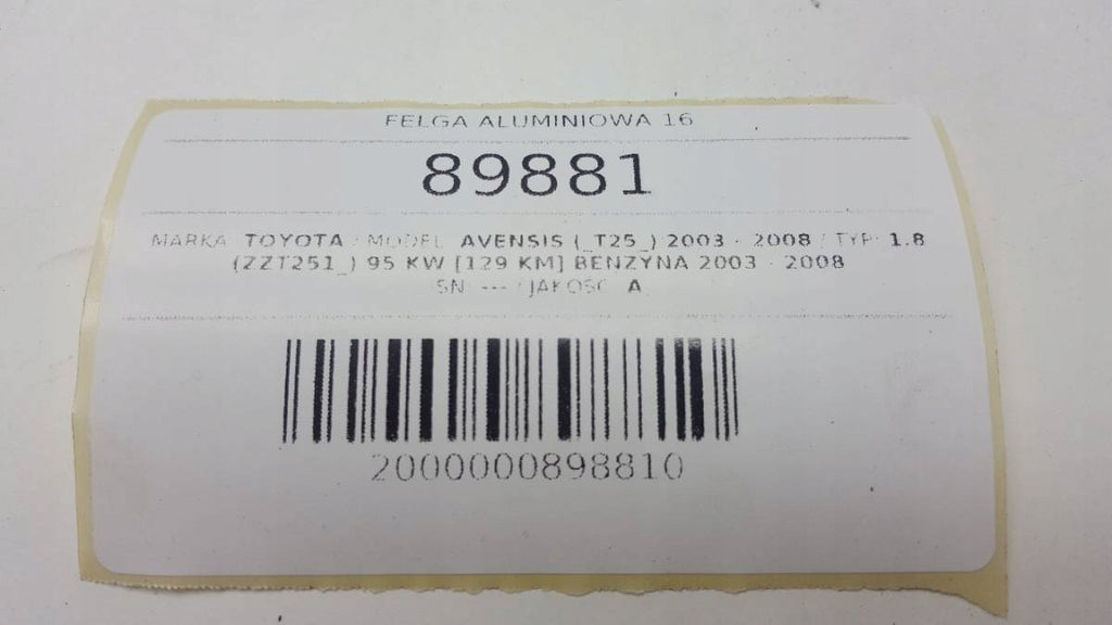 1x Alufelge 16 Zoll 6.5" 5x100 45ET 5X10016E45T Toyota Avensis Rim Wheel