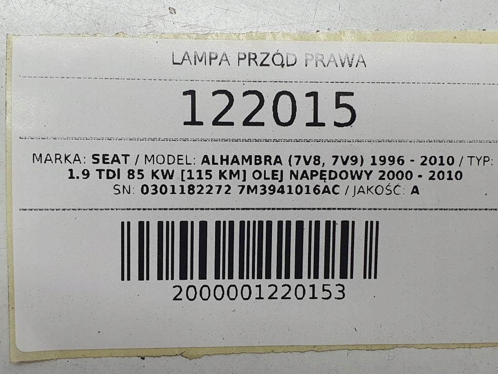 Frontscheinwerfer Seat Alhambra 7M3941016AC Xenon Rechts Scheinwerfer Headlight