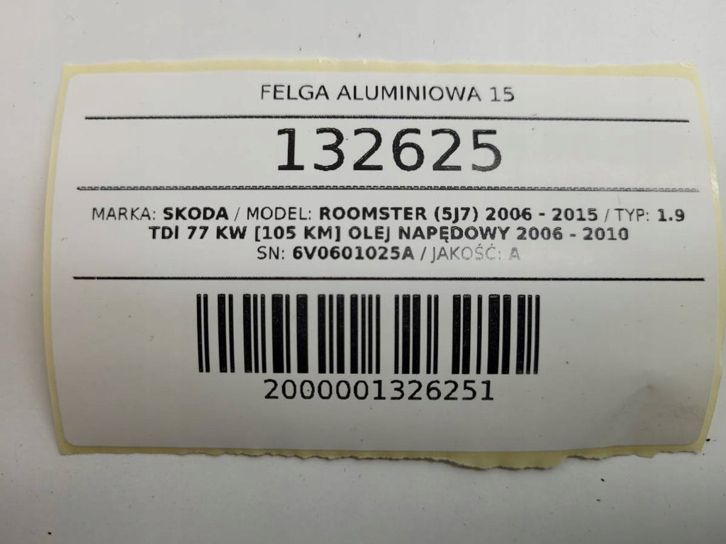 1x Alufelge 15 Zoll 6.0" 5x100 38ET AUST132625A Skoda Roomster Rim Wheel FEL7609990122js