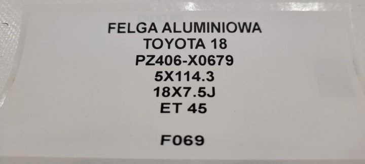 1x Alufelge 18 Zoll 7.5" 5x114.3 45ET PZ406X0679 Toyota Rim Wheel FEL4041861918af