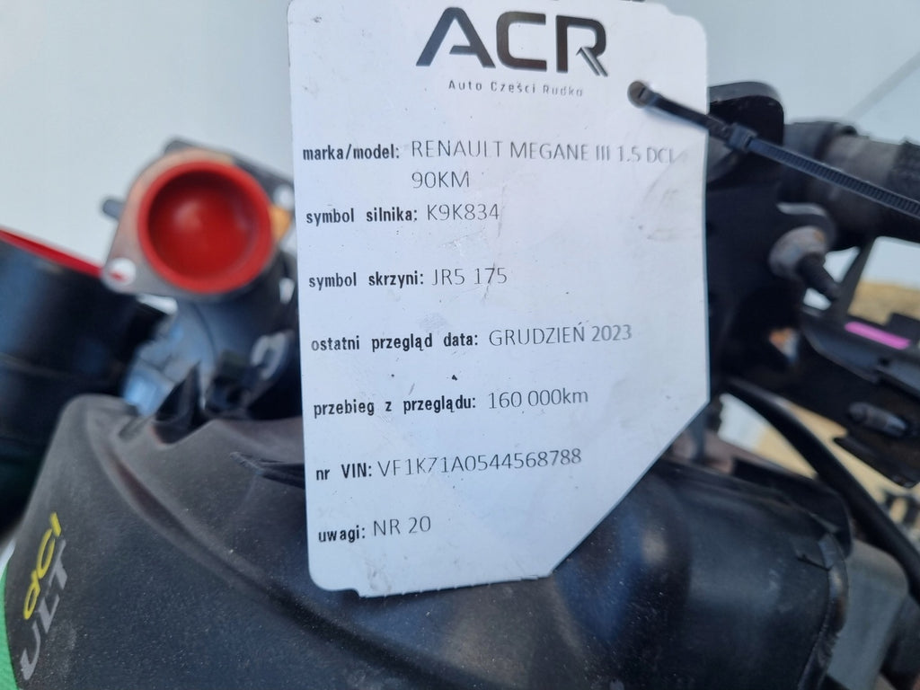 Motor Renault Megane III K9K834 1.5 DCI 90PS 66kW 160TKm 2009 Diesel Komplett